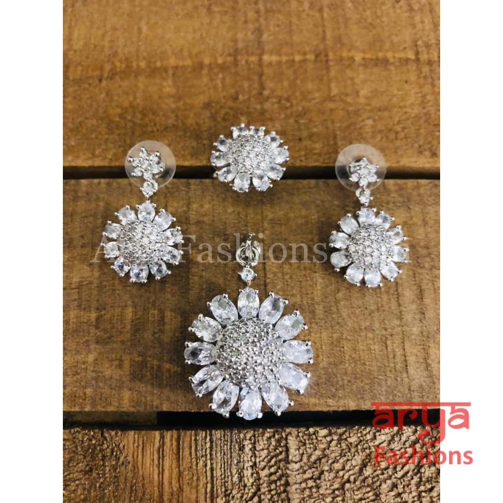 Mia Silver Cubic Zirconia Flower Pendant with Stud Earrings