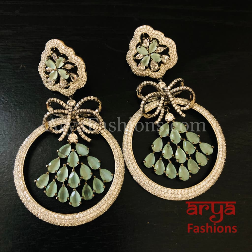 Mint Green CZ Cocktail Earrings in Victorian Finish / Silver Cubic Zirconia