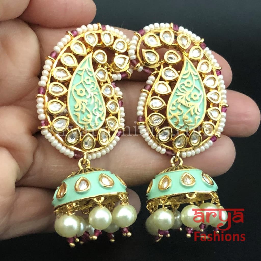 Mint Green Golden Meenakari Jhumka Earrings