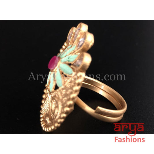 Mint Green Meenakari Kundan Ring