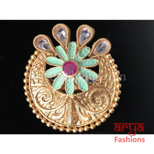 Mint Green Meenakari Kundan Ring