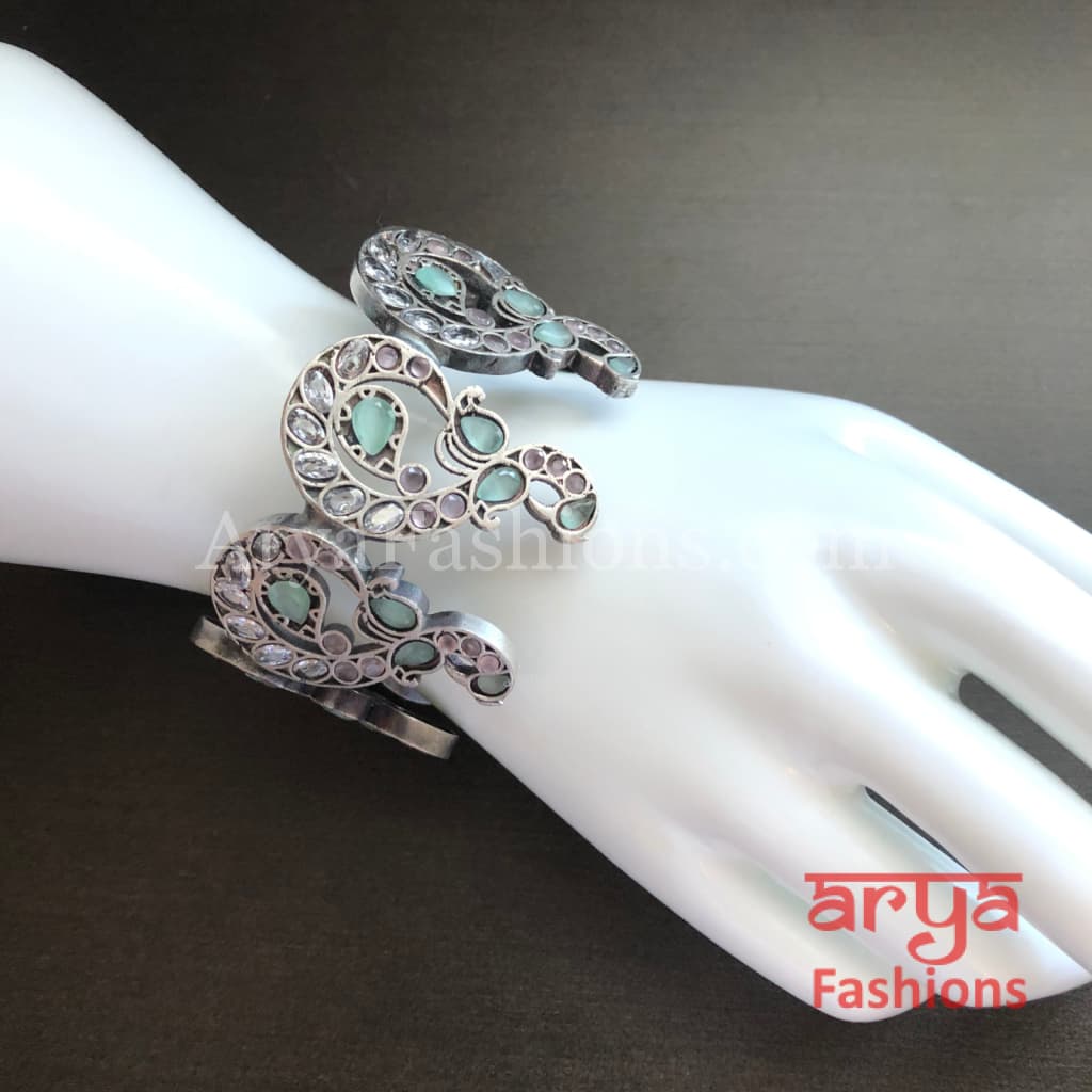 Mint Green Openable Cuff Bracelet/ Oxidized Silver Ethnic Indian Tribal Bracelet
