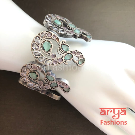 Mint Green Openable Cuff Bracelet/ Oxidized Silver Ethnic Indian Tribal Bracelet