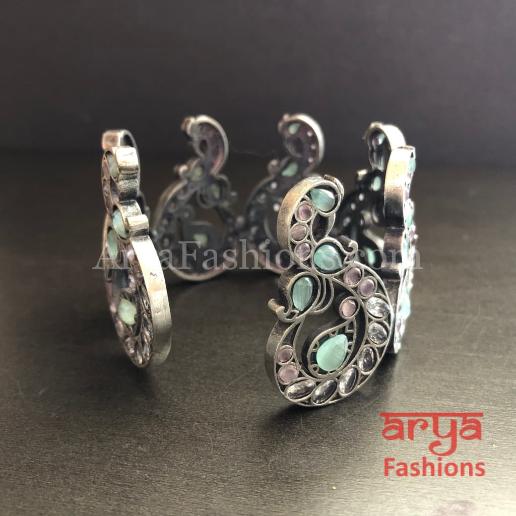 Mint Green Openable Cuff Bracelet/ Oxidized Silver Ethnic Indian Tribal Bracelet