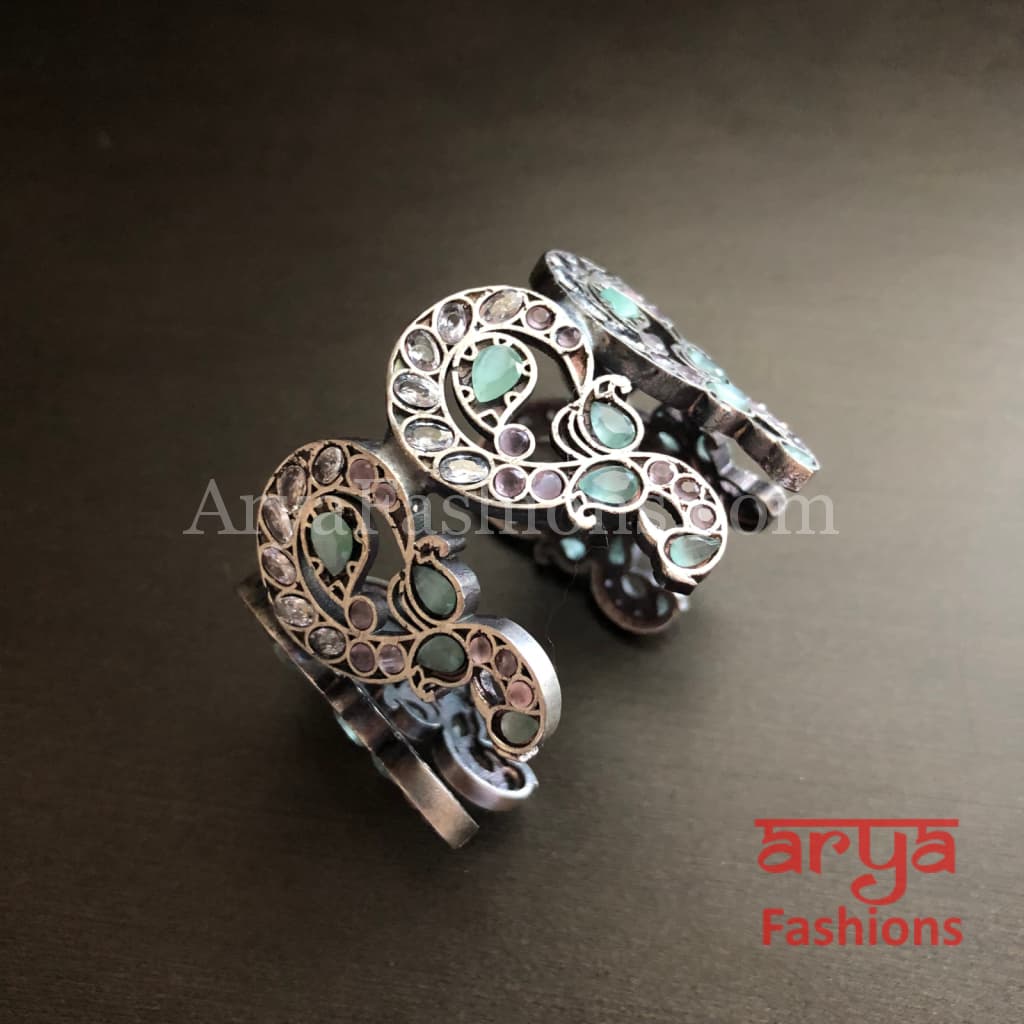 Mint Green Openable Cuff Bracelet/ Oxidized Silver Ethnic Indian Tribal Bracelet