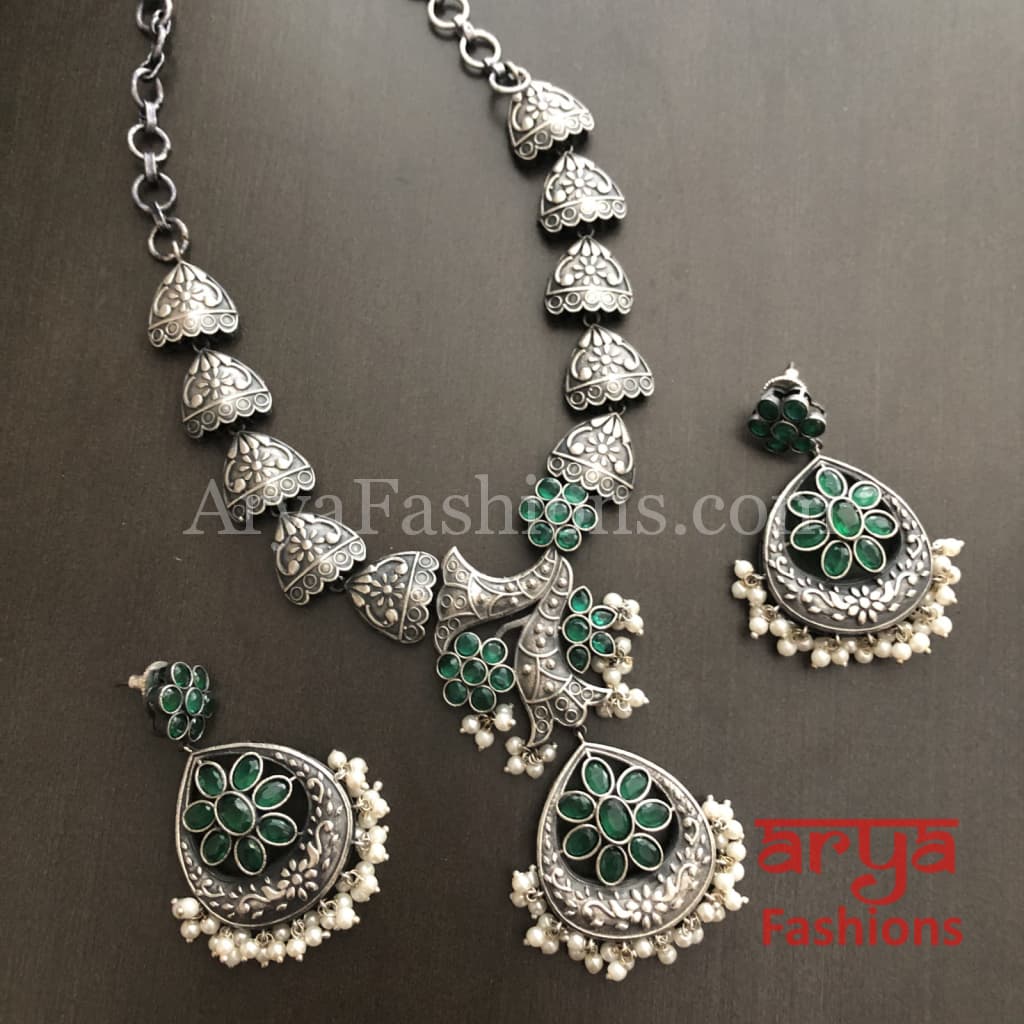 Misha Ethnic Blue/Green Enamel work Silver Oxidized Necklace with earrings
