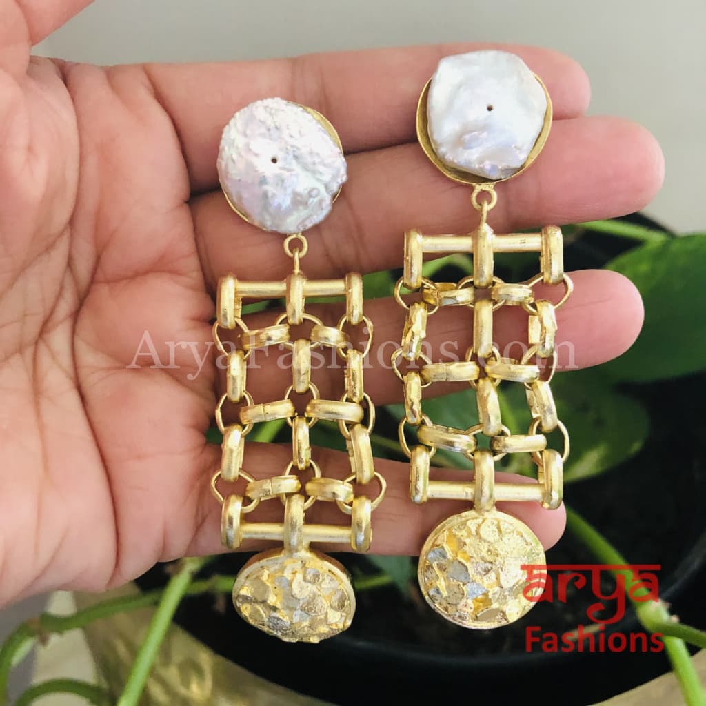 Misha Mother of Pearl Fusion Earrings/Geometrical Indo-Western Handmade Earrings