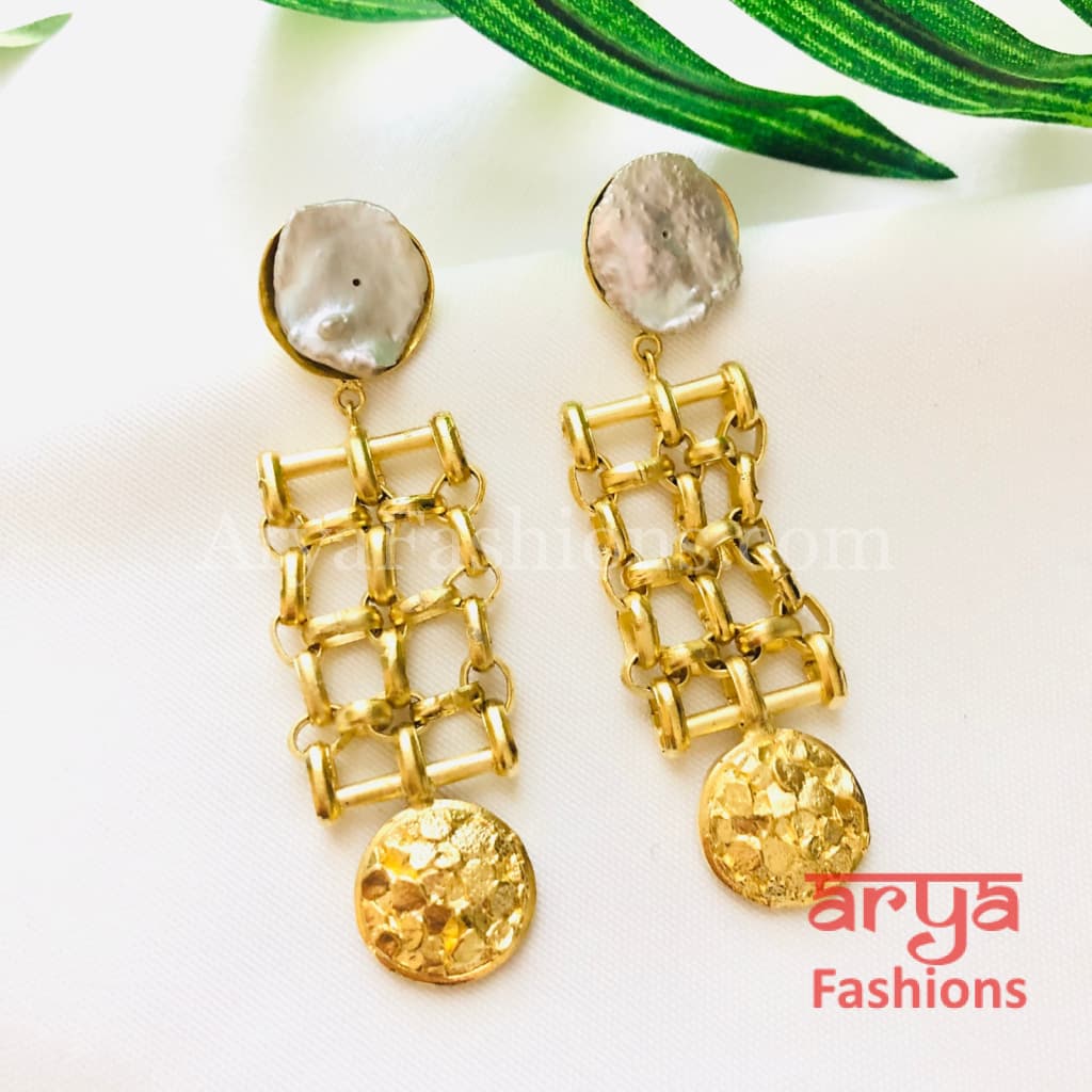 Misha Mother of Pearl Fusion Earrings/Geometrical Indo-Western Handmade Earrings