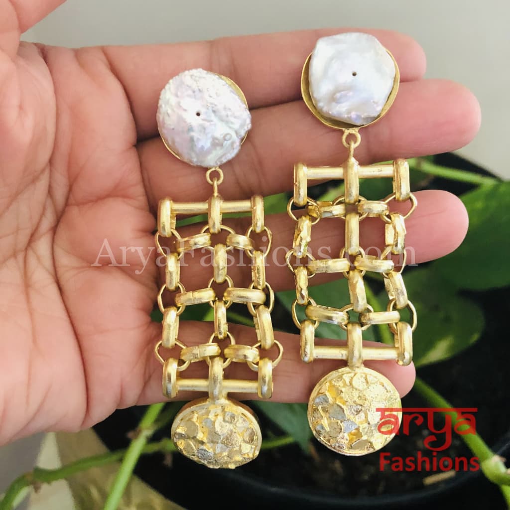 Misha Mother of Pearl Fusion Earrings/Geometrical Indo-Western Handmade Earrings