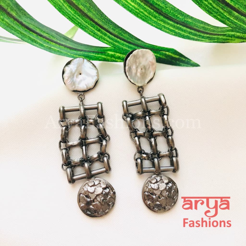 Misha Mother of Pearl Fusion Earrings/Geometrical Indo-Western Handmade Earrings
