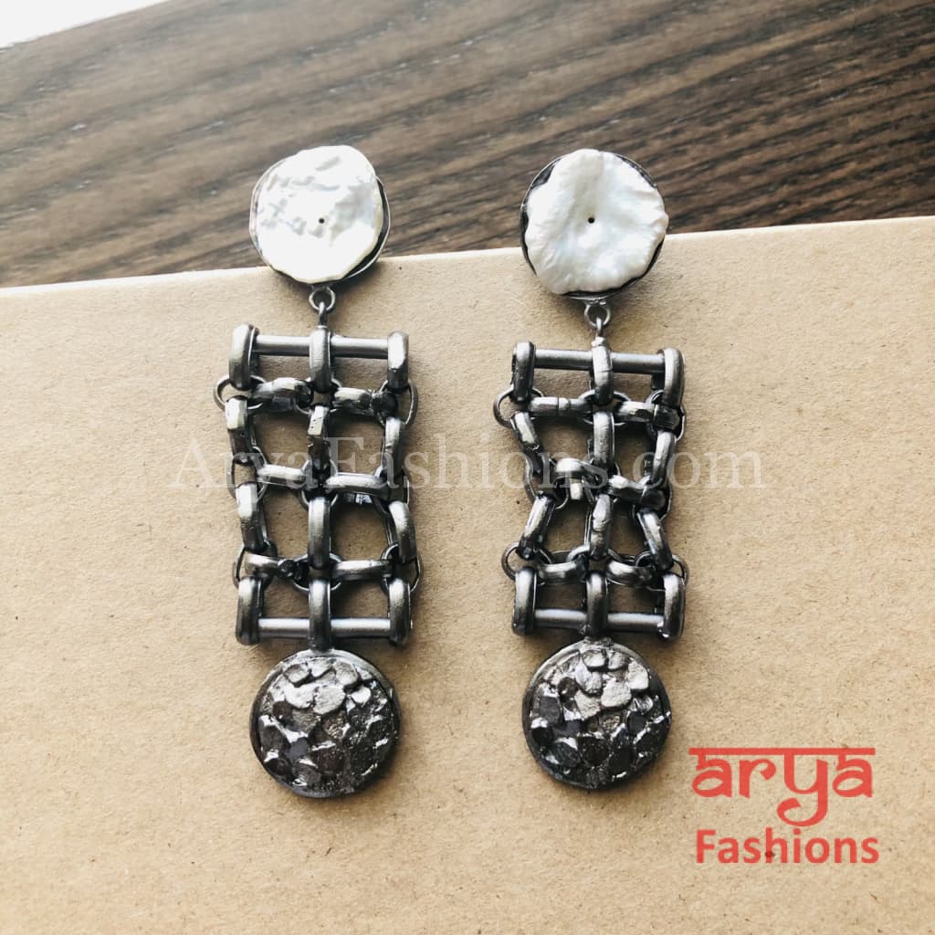 Misha Mother of Pearl Fusion Earrings/Geometrical Indo-Western Handmade Earrings