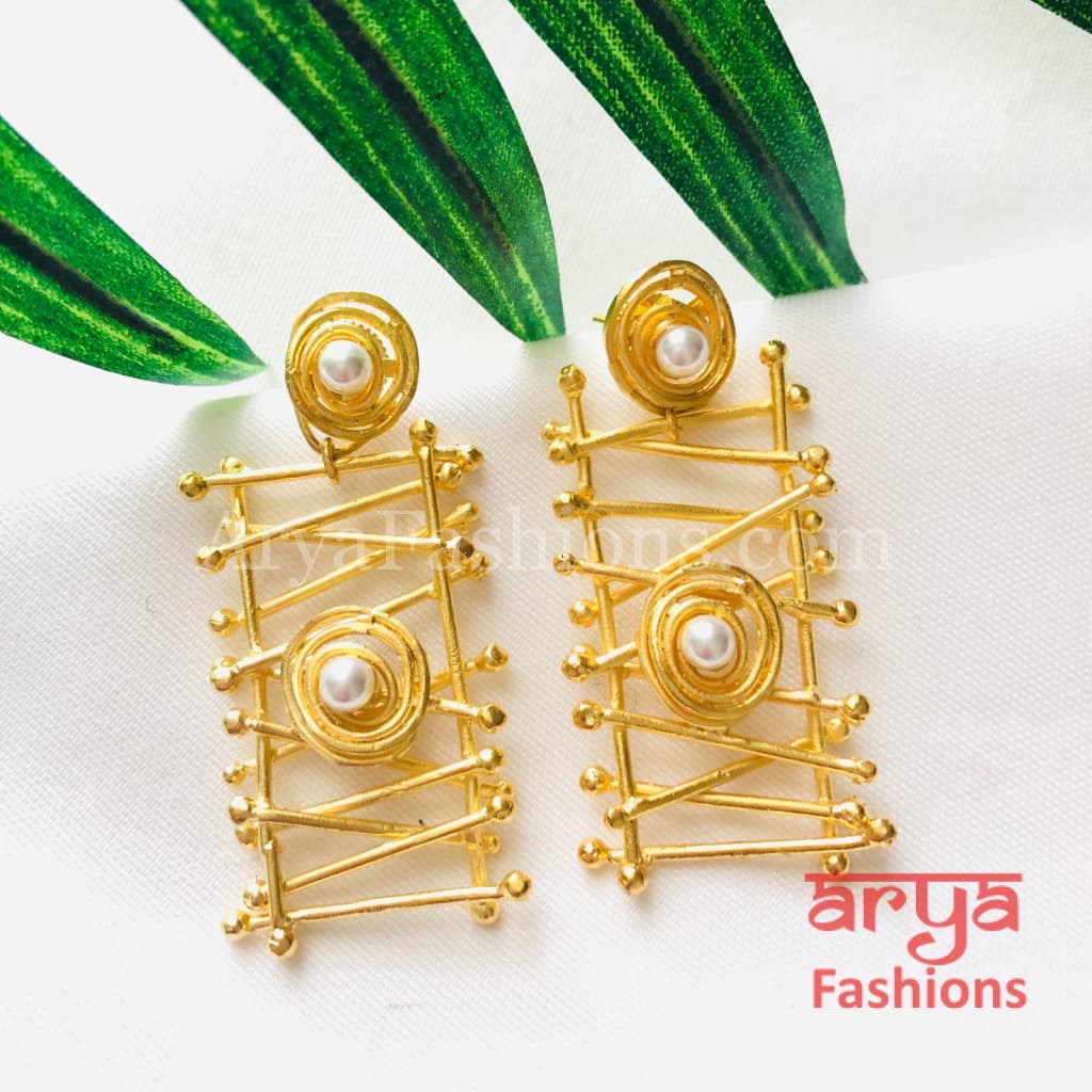 Misha Rectangle Golden Kundan Stud Earrings/Geometrical Fusion Earrings