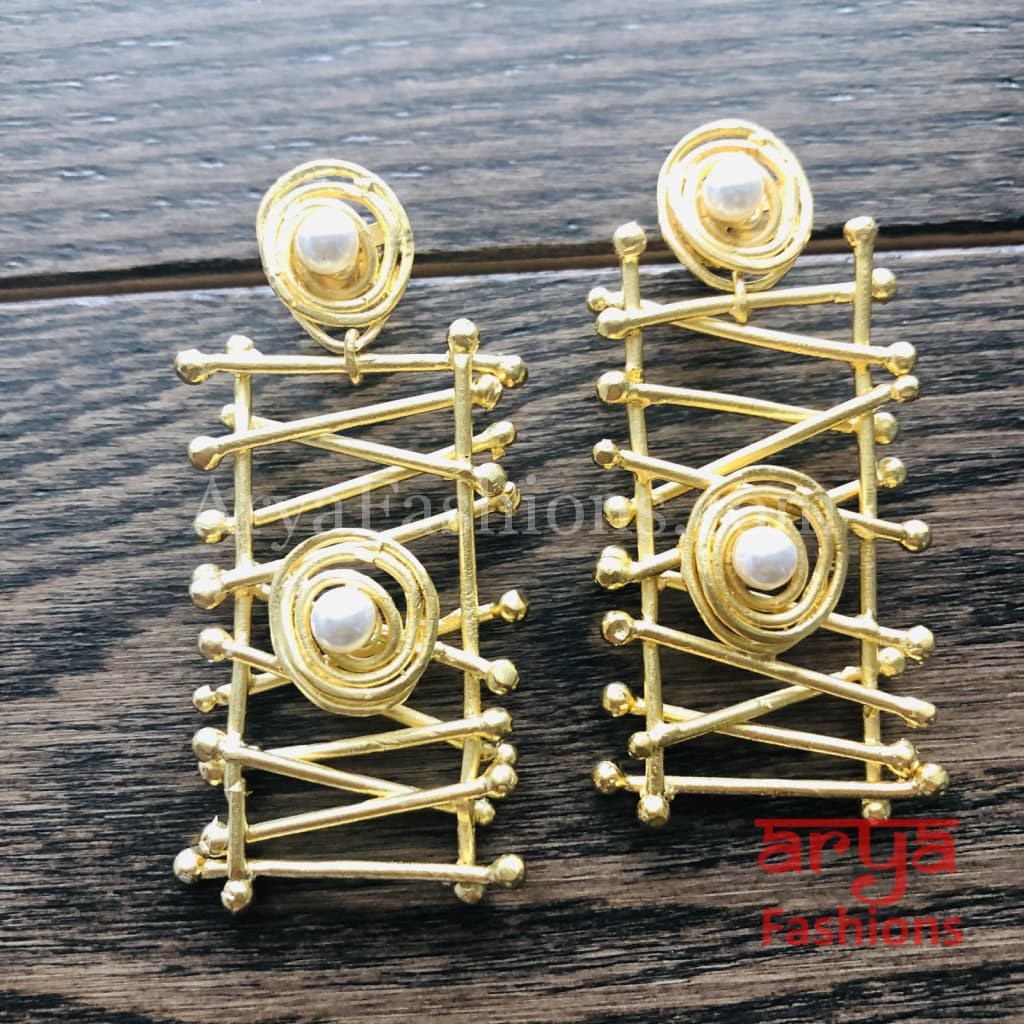 Misha Rectangle Golden Kundan Stud Earrings/Geometrical Fusion Earrings