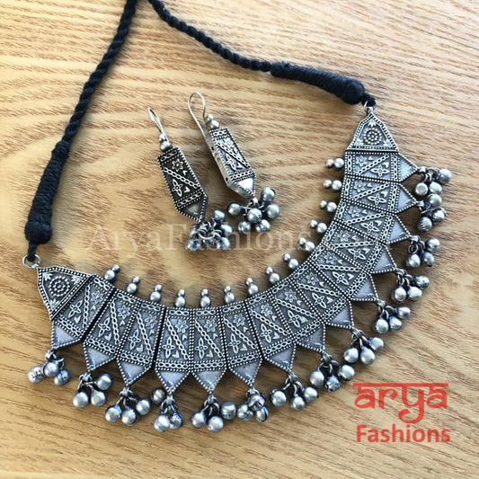 Misha Statement Silver Oxidized Tribal Choker Necklace with earrings
