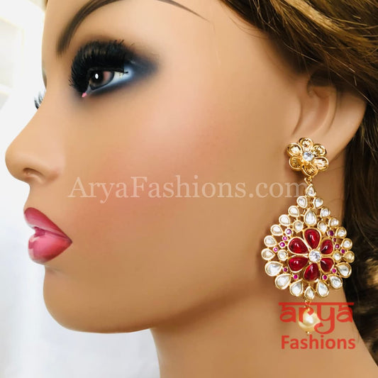 Mohini Ruby Kundan Pearl Bridal Chandbali Earrings