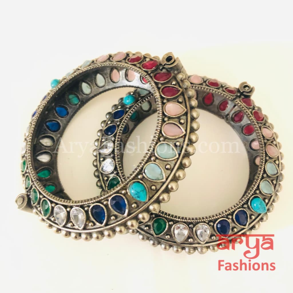 Multicolor Ethnic Silver Oxidized Bracelet/ Bracelet /Size 2.4 2.6