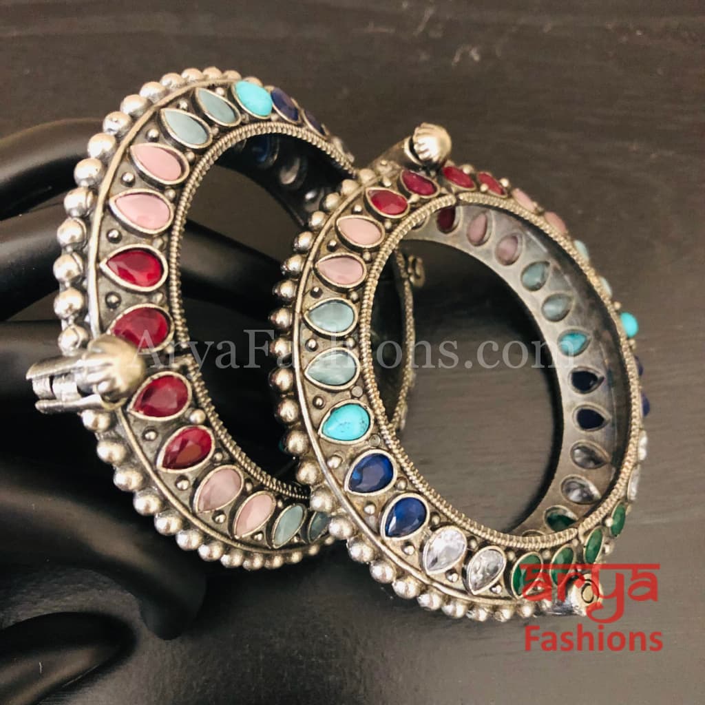 Multicolor Ethnic Silver Oxidized Bracelet/ Bracelet /Size 2.4 2.6