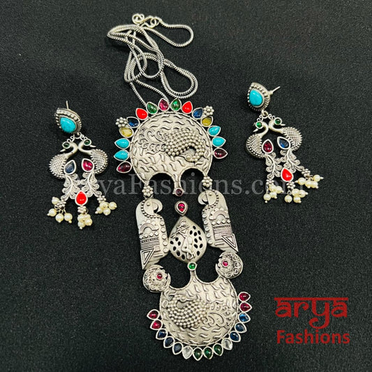 Multicolor Stone Oxidized Silver Pendant with Earrings