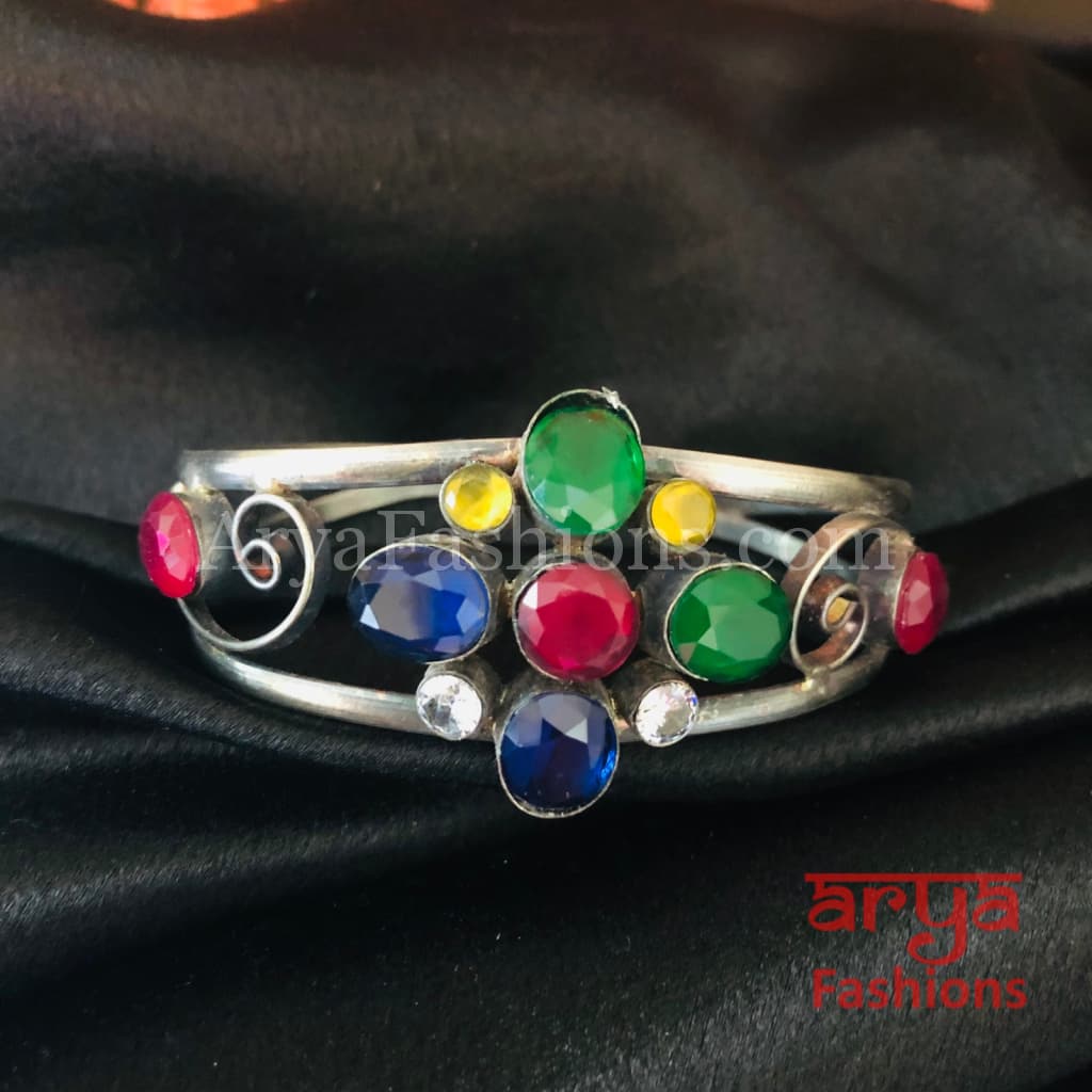 Multicolor Stone Silver Cuff Bracelet