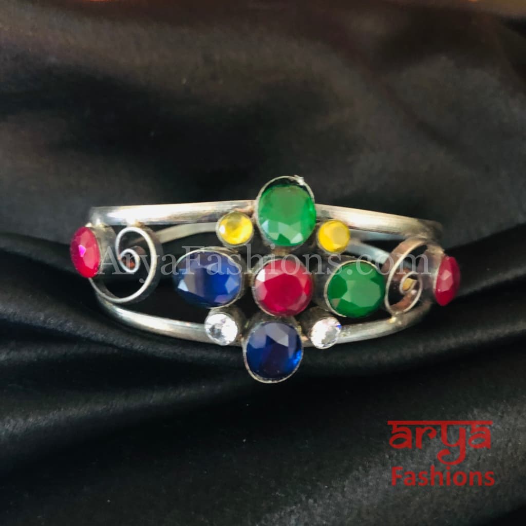 Multicolor Stone Silver Cuff Bracelet