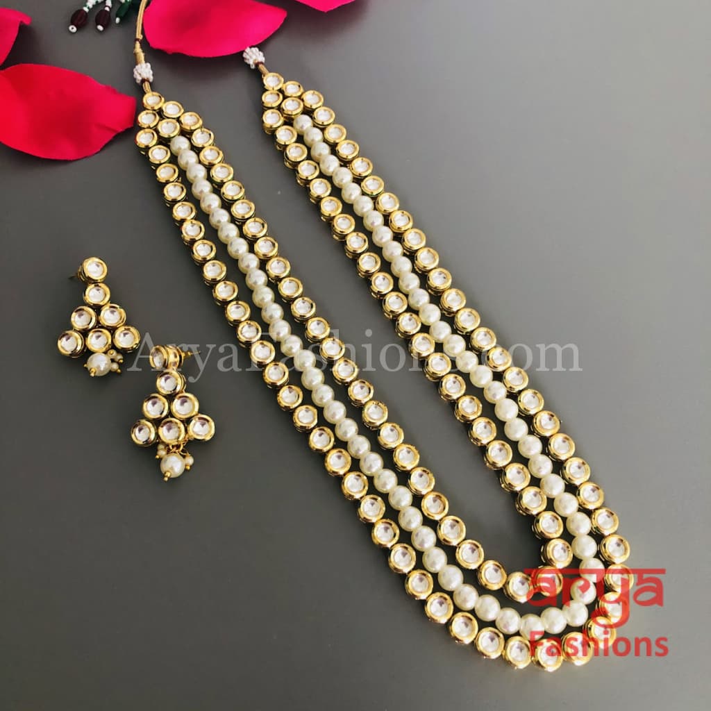 Multiple line Kundan and Pearl Long Necklace