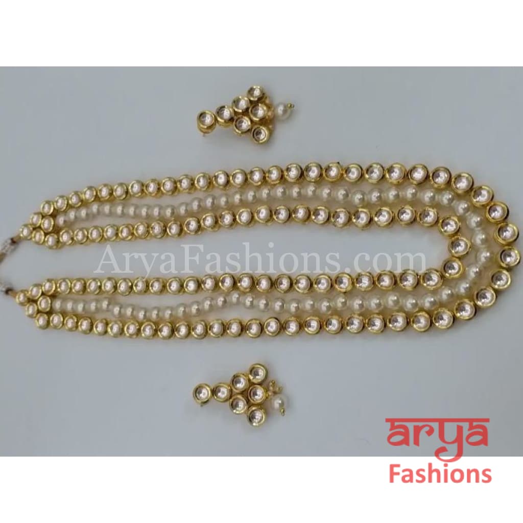 Multiple line Kundan and Pearl Long Necklace