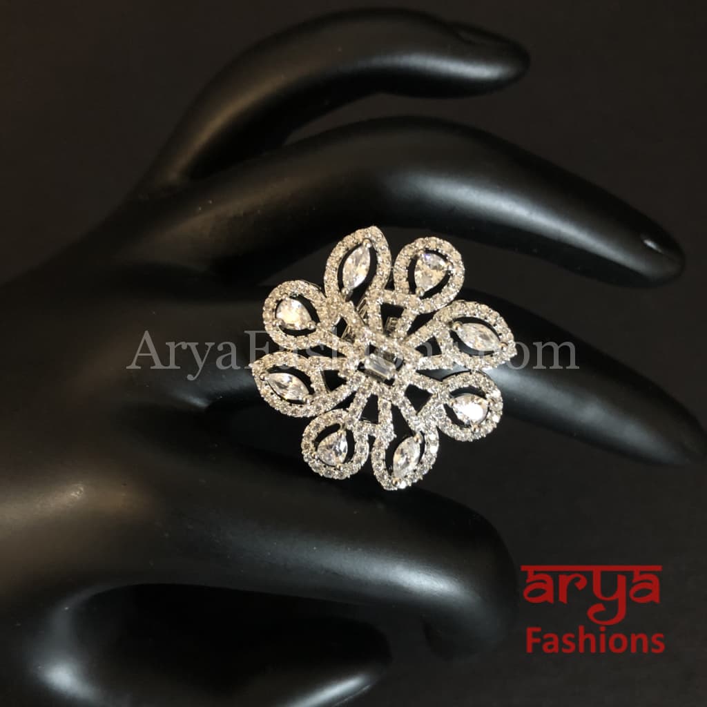 Naavi Cubic Zirconia Statement Silver Cocktail Ring