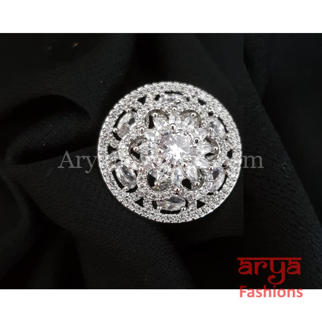 Naavi Cubic Zirconia Statement Silver Cocktail Ring