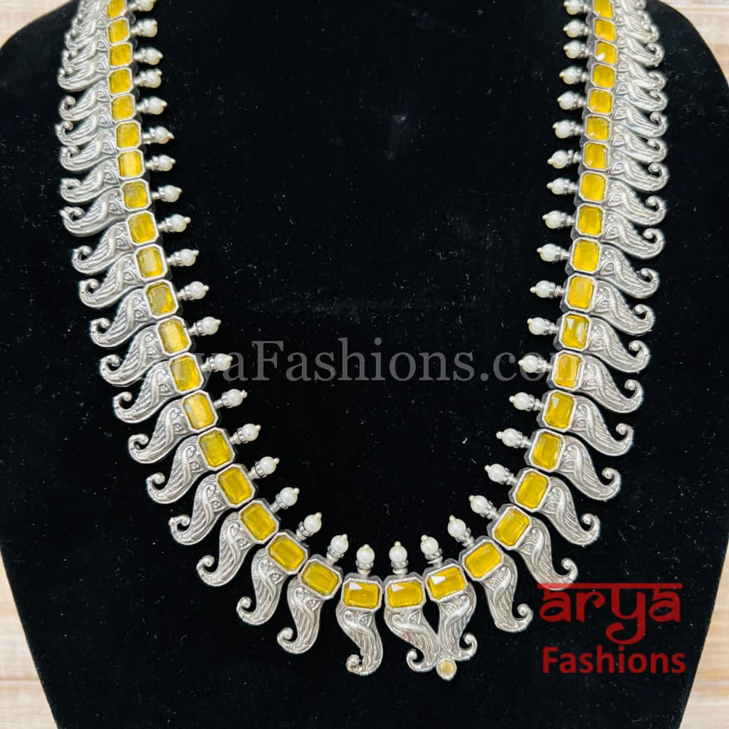 Naina Oxidized Silver Gemstone Haram Necklace