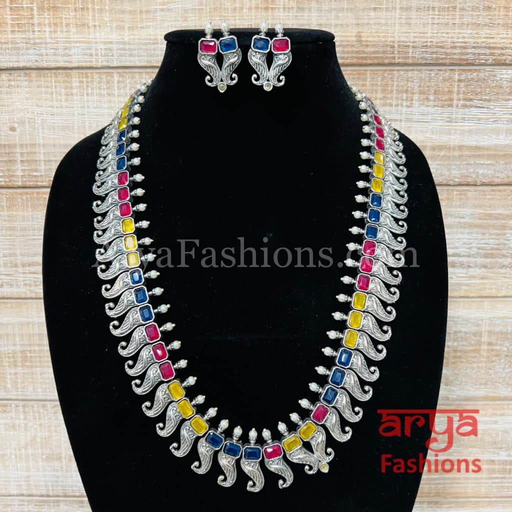 Naina Oxidized Silver Gemstone Haram Necklace