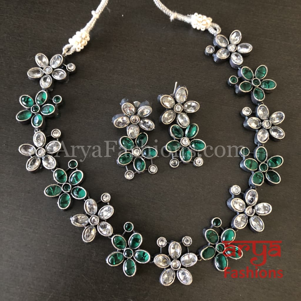 Naisa Designer Oxidized Silver Statement Necklace with colored stones