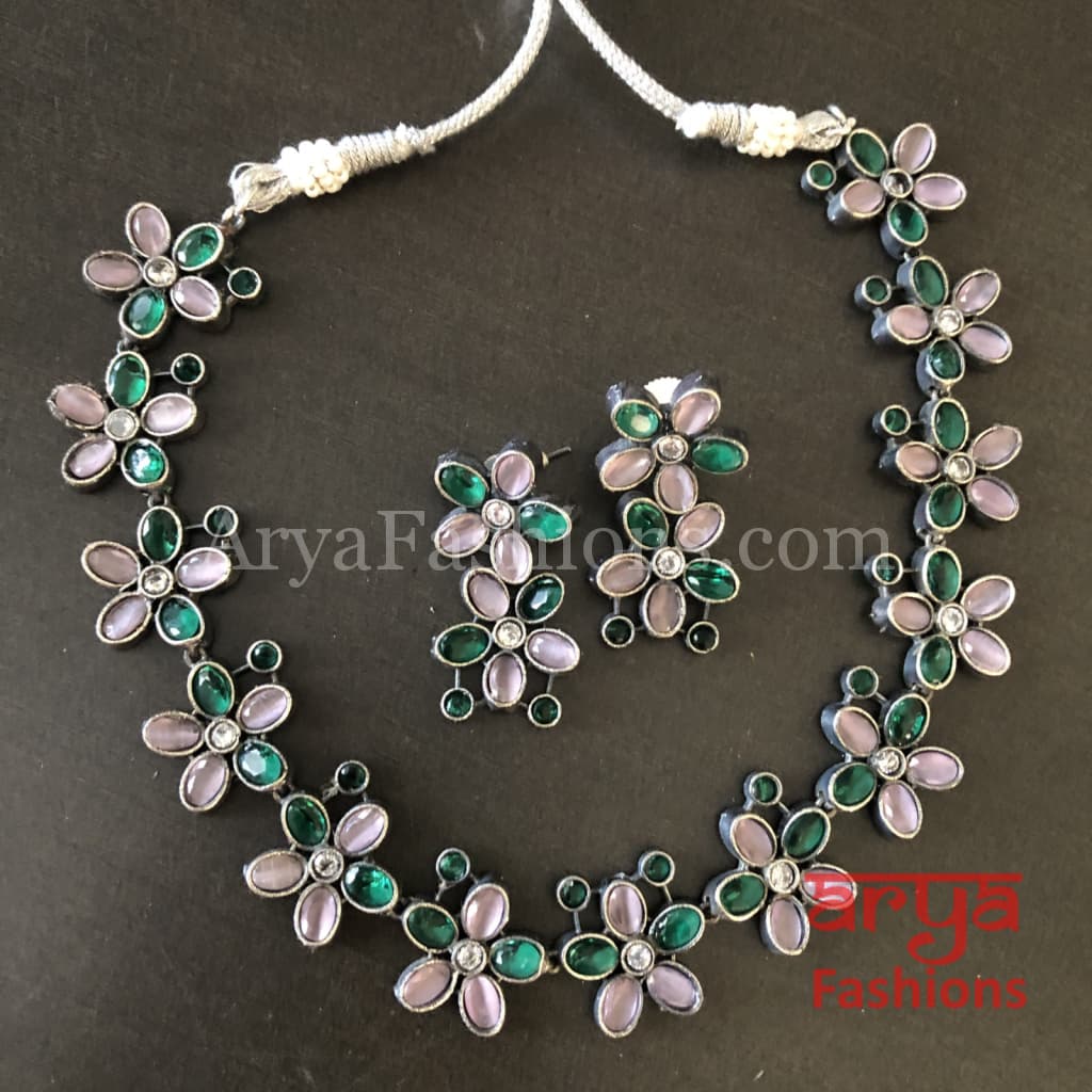 Naisa Designer Oxidized Silver Statement Necklace with colored stones