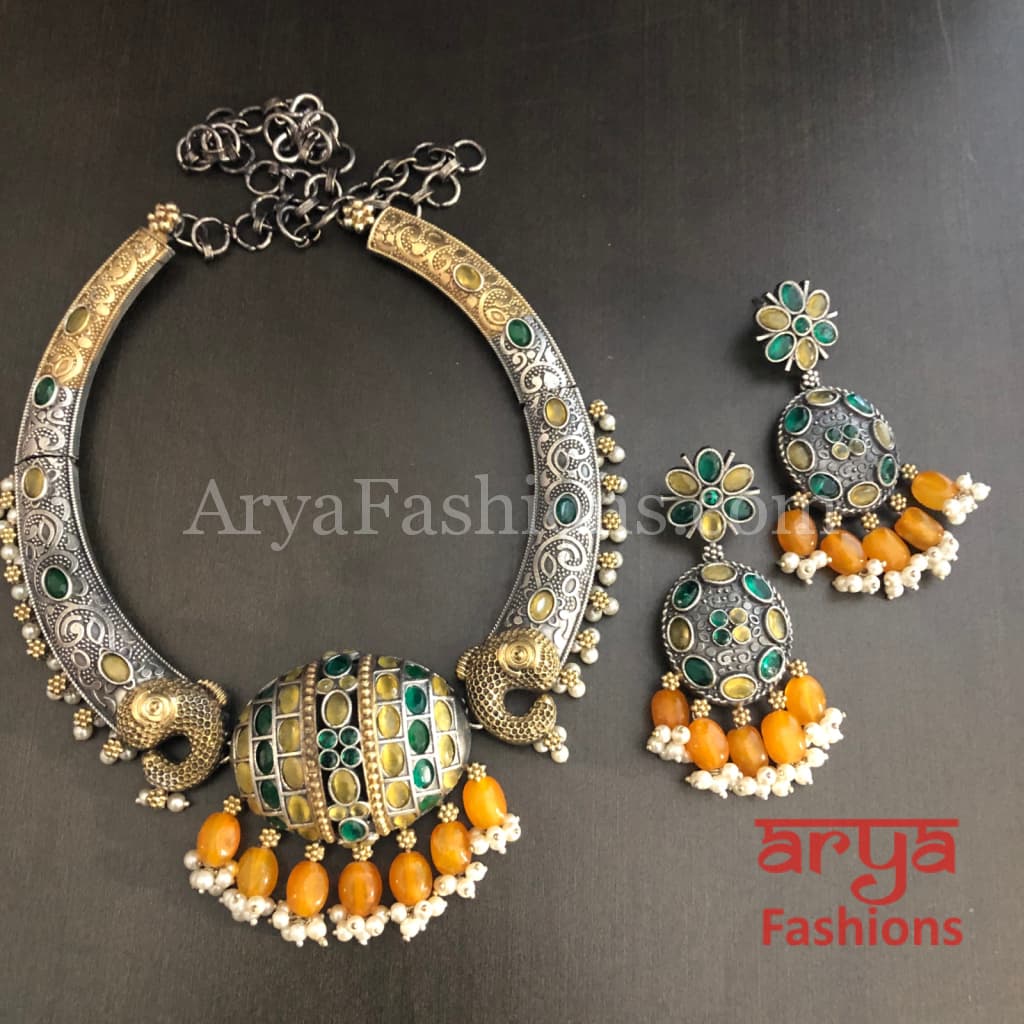 Namisha Dual Tone Designer Oxidized Silver Necklace