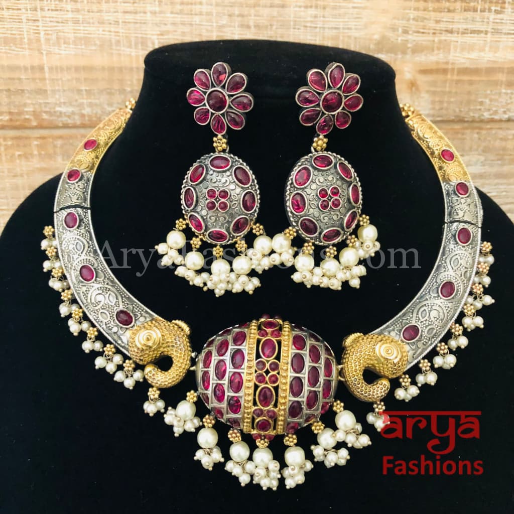 Namisha Dual Tone Designer Oxidized Silver Necklace