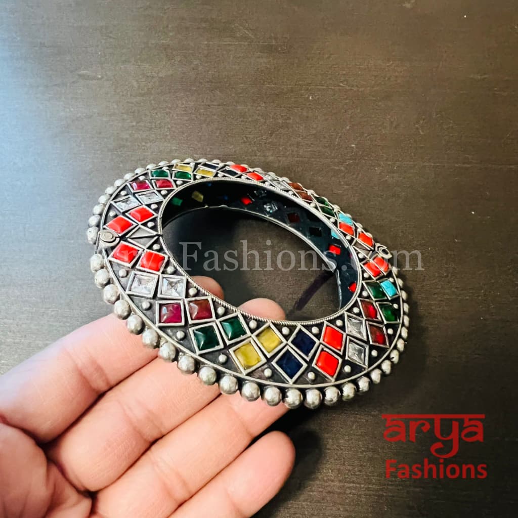 Navratan Gokhru style Ethnic Silver Oxidized Bracelets/ Size 2.4 2.6