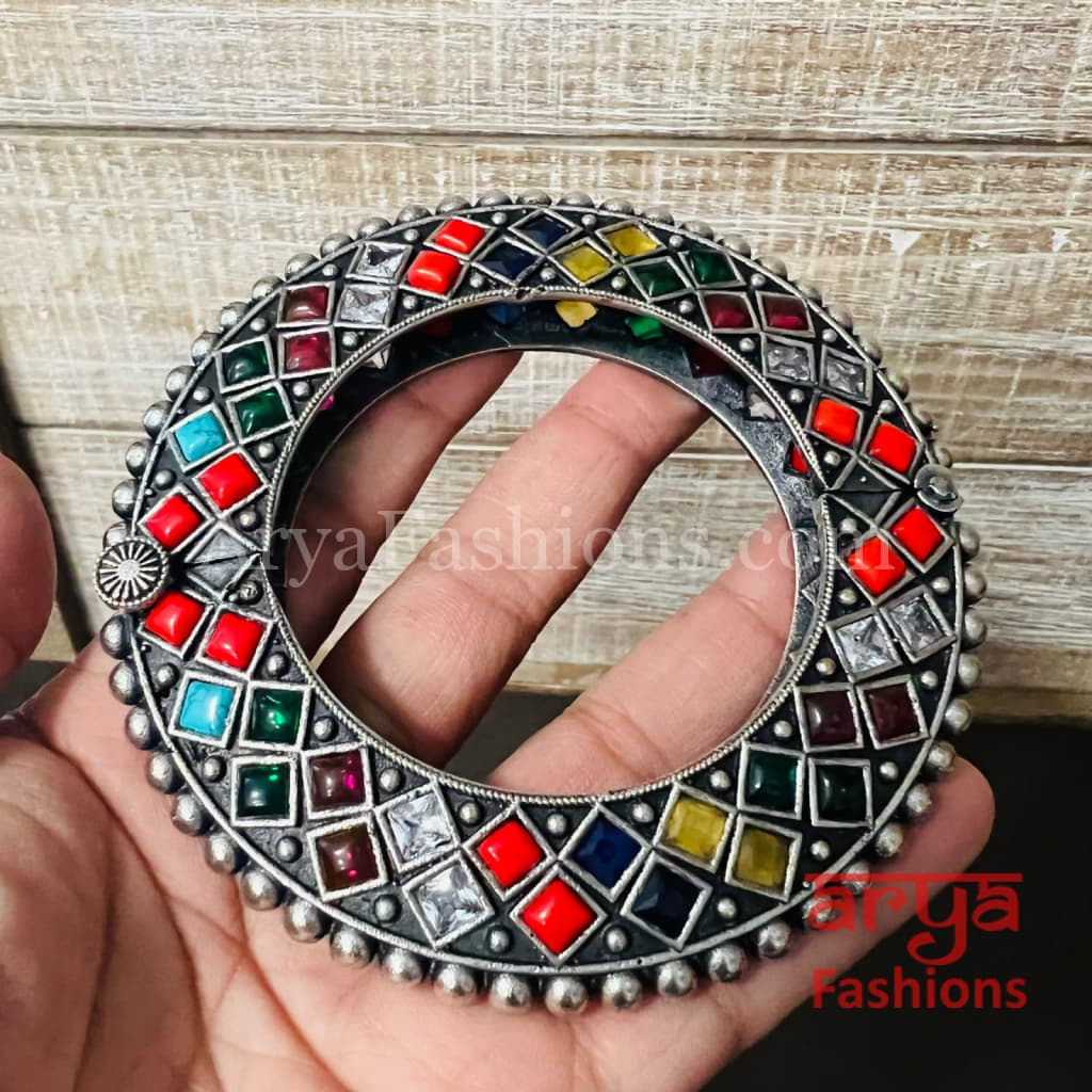 Navratan Gokhru style Ethnic Silver Oxidized Bracelets/ Size 2.4 2.6