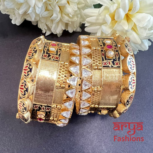 Navy Blue Meenakari Rajwadi Ruby Kundan Jadau Kada Bangles