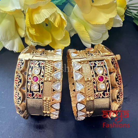 Navy Blue Meenakari Rajwadi Ruby Kundan Jadau Kada Bangles