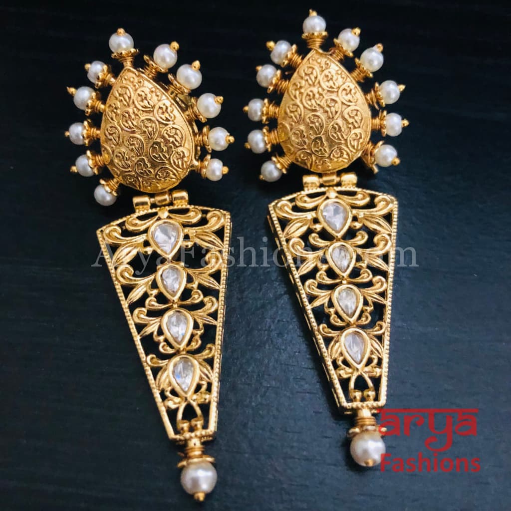Nimi Golden Indo-Western Ethnic Kundan Earrings with Pearl
