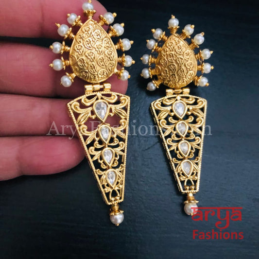 Nimi Golden Indo-Western Ethnic Kundan Earrings with Pearl