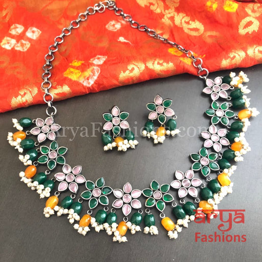 Nimisha Multicolor Color beads Oxidized Silver Necklace