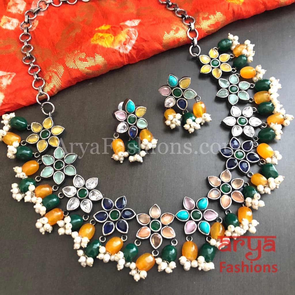 Nimisha Multicolor Color beads Oxidized Silver Necklace
