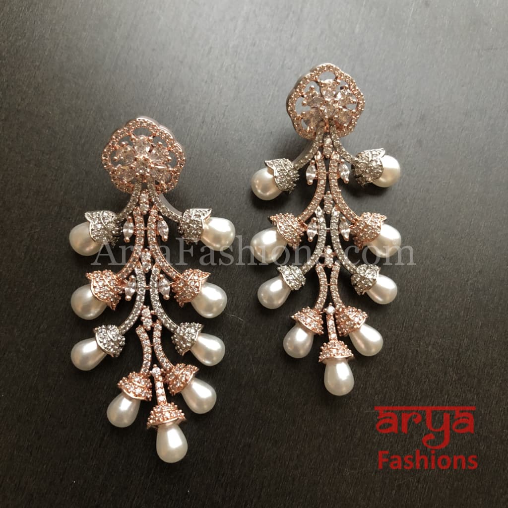 Numi Shiny Pearl Stem Cubic Zirconia Fashion Earrings