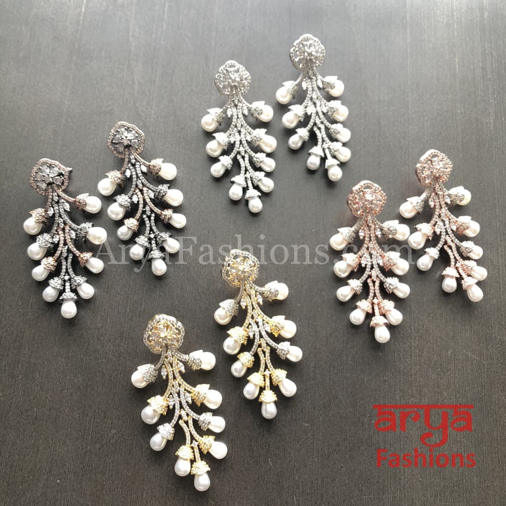 Numi Shiny Pearl Stem Cubic Zirconia Fashion Earrings