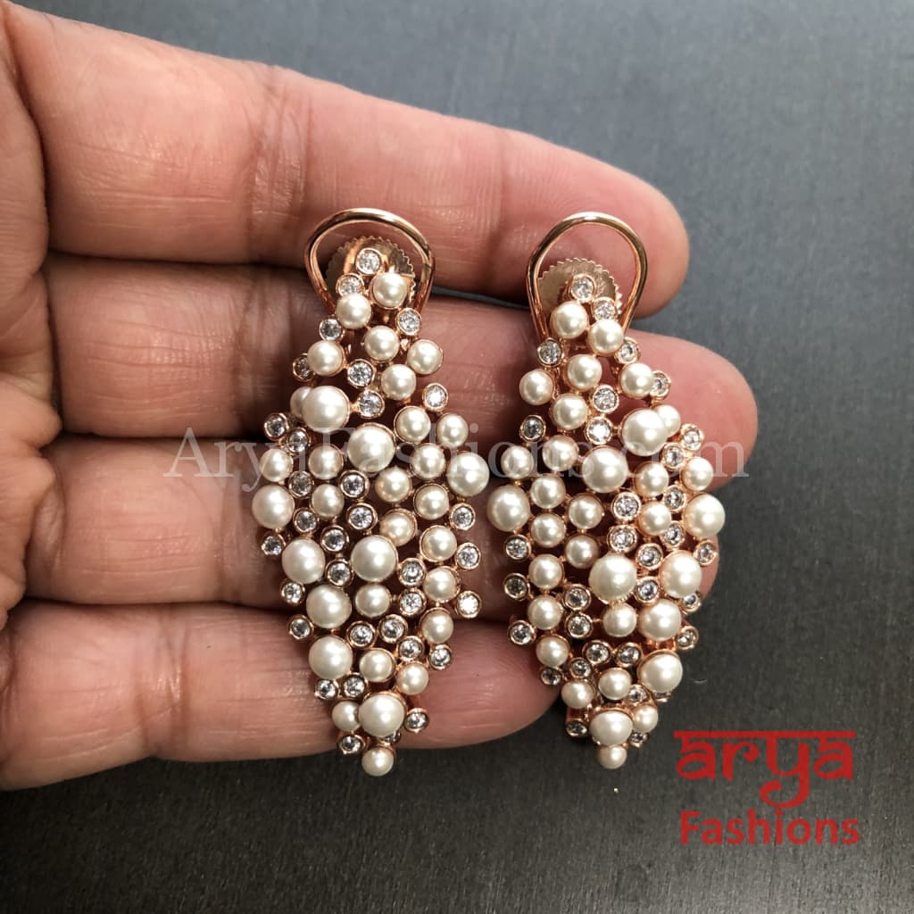 Numi Small Pearl Beads Cubic Zirconia Earrings Gray by AryaFashions