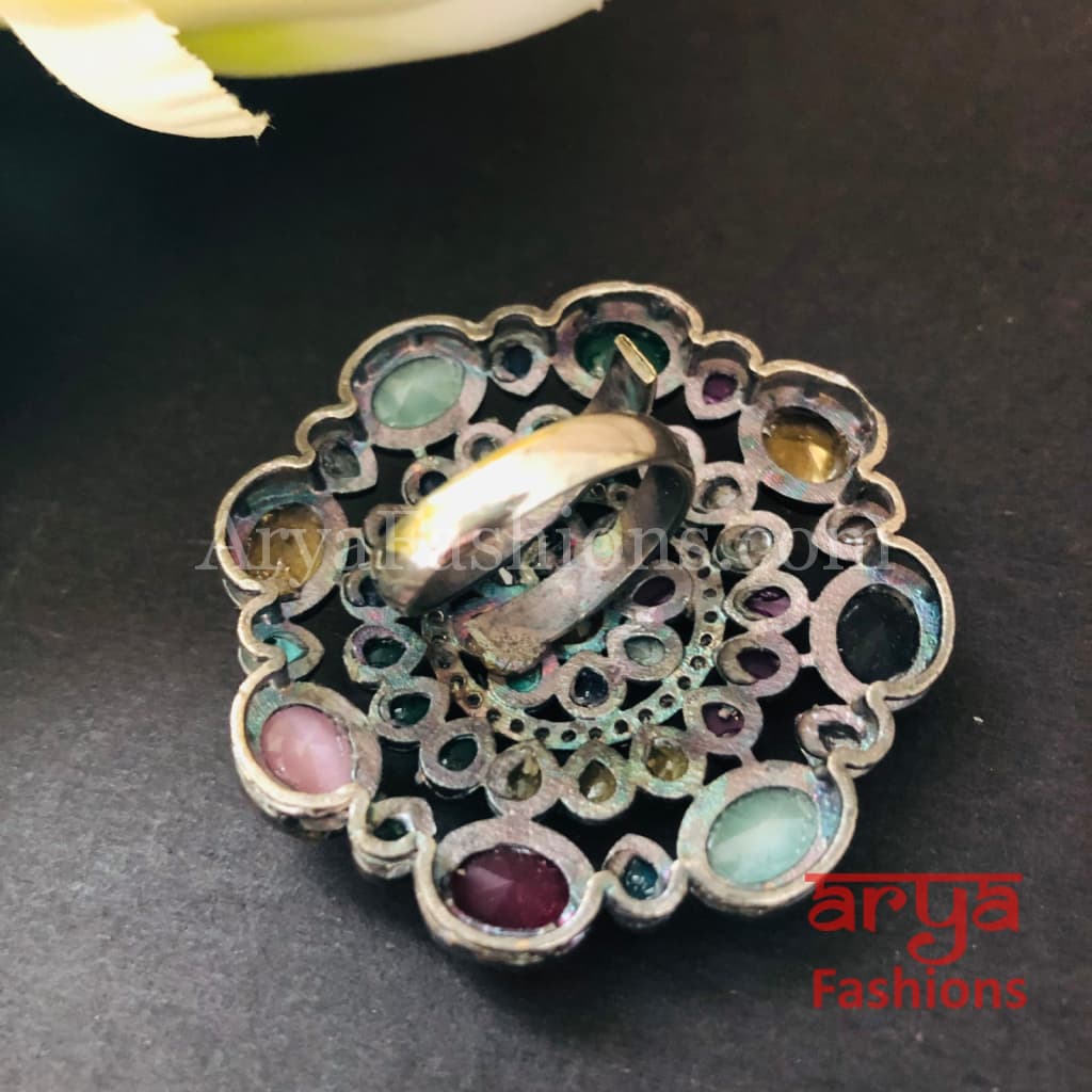 Oxidized Silver Ethnic Adjustable Ring/ Colorful Statement Ring
