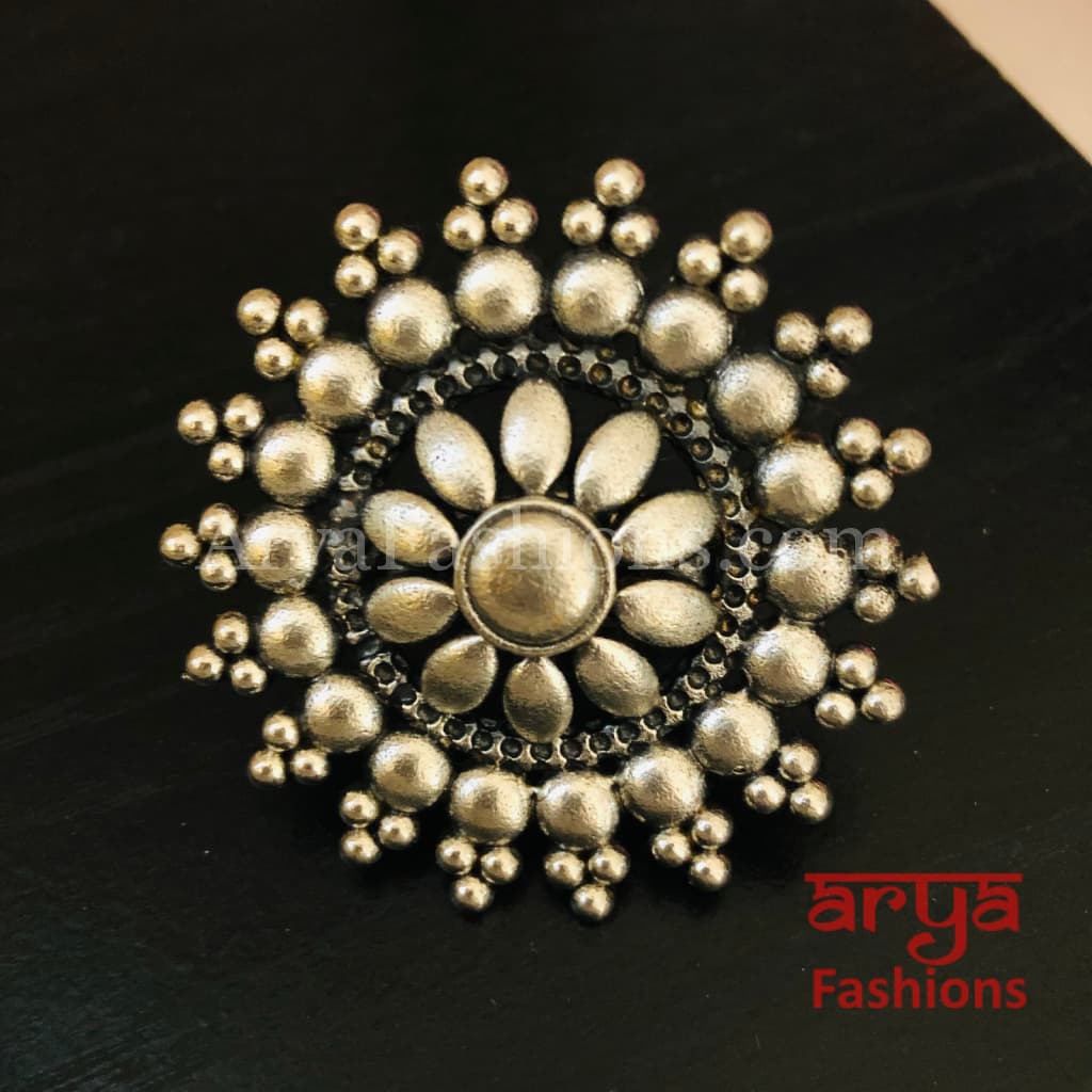 Oxidized Silver Flower Ring/ Trendy Statement Ring / German