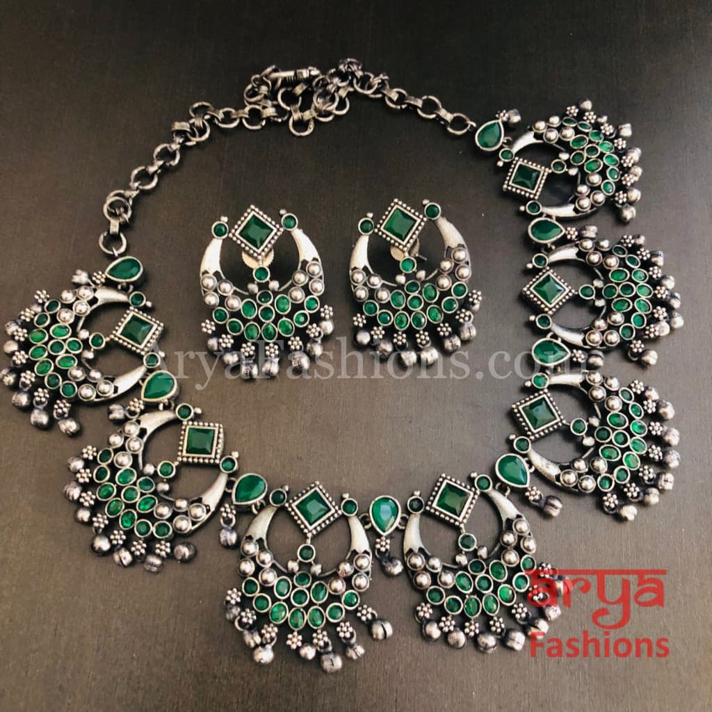 Oxidized Silver Necklace / Multicolor Stone