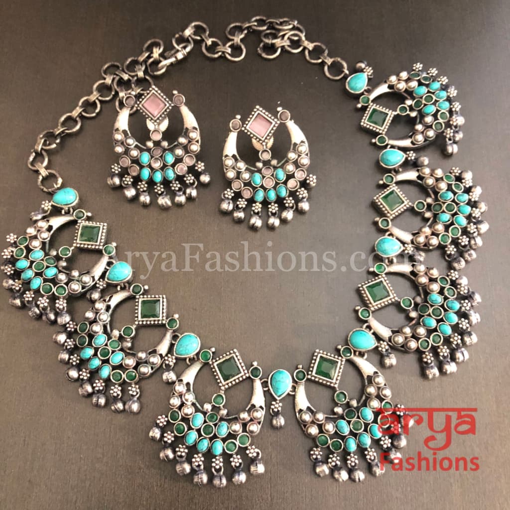 Oxidized Silver Necklace / Multicolor Stone
