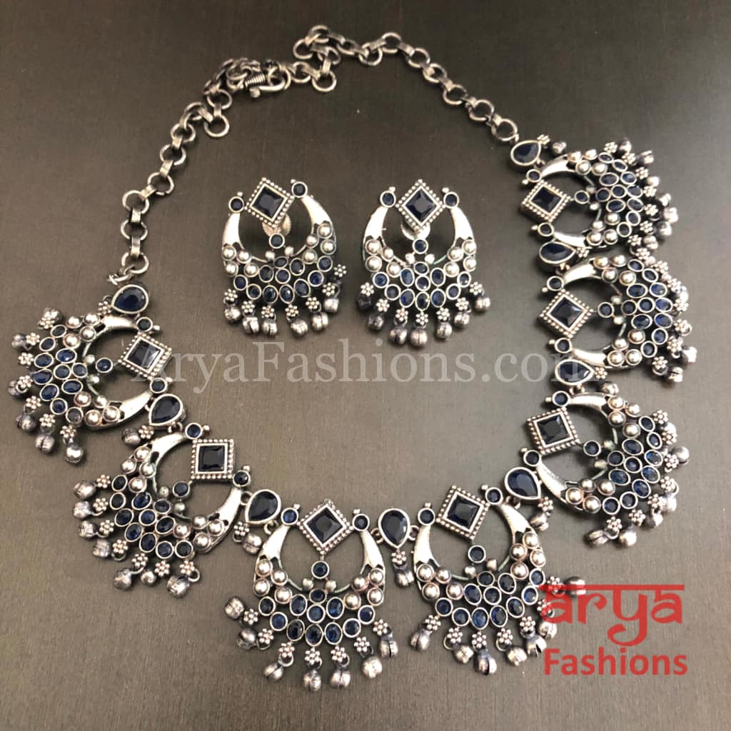 Oxidized Silver Necklace / Multicolor Stone